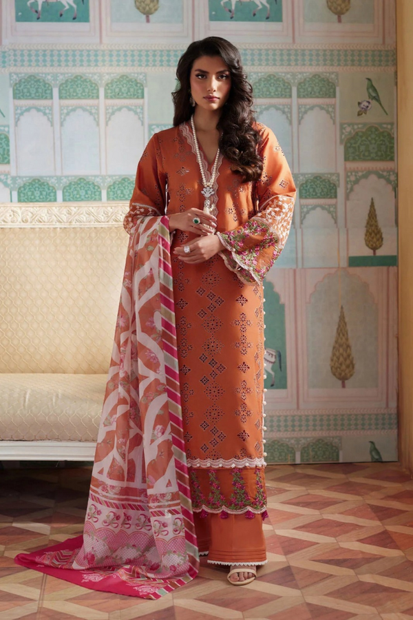 ELAF | CHIKANKARI LAWN | UNSTITCH | 3PC | SI - F - 6084 - RUST ORANGE