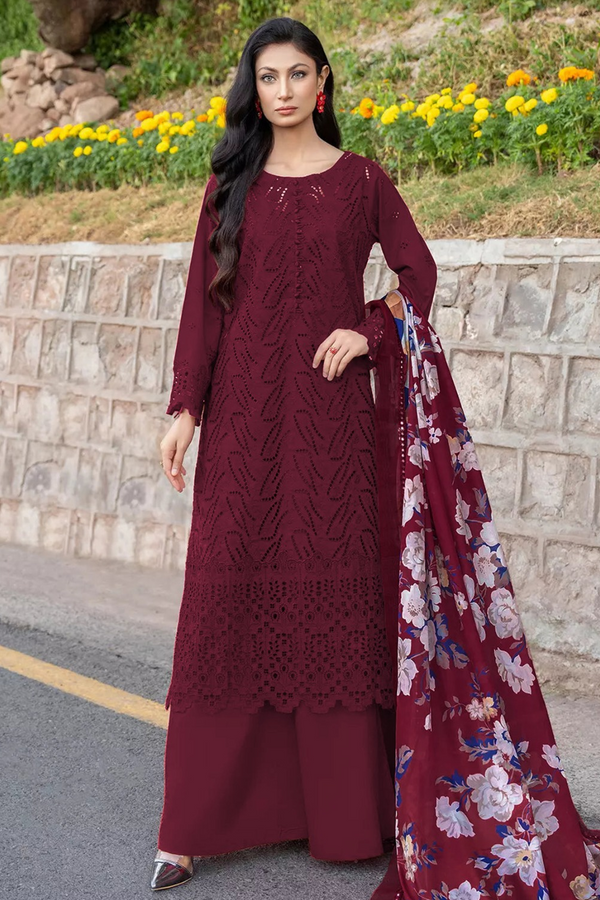 KHAS | CHIKANKARI LAWN | UNSTITCH | 3PC | SI - F - 6058 - MAROON