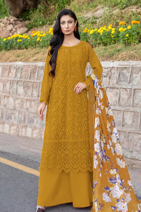 KHAS | CHIKANKARI LAWN | UNSTITCH | 3PC | SI - F - 6058 - MUSTARD