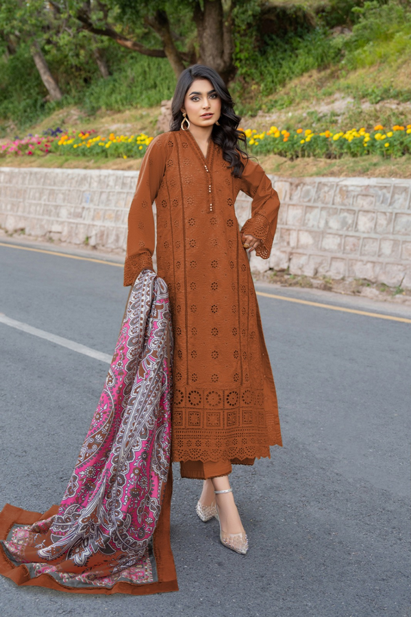 KHAS | CHIKANKARI LAWN | UNSTITCH | 3PC | SI - F - 6076 - BROWN