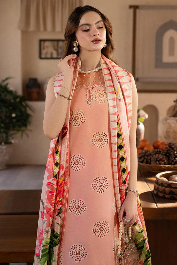 MAHNUR | CHIKANKARI LAWN | UNSTITCH | 3PC | SI - F - 6087 - PEACH